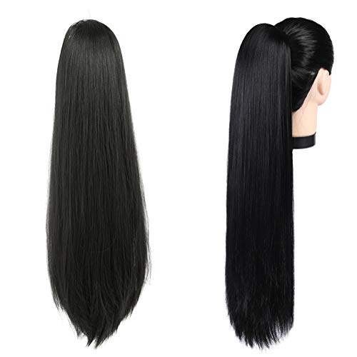 Rosa Star Kinky Straight Drawstring Ponytail Hairpiece Synthetic Long Black Color Yaki Straight 24inch Ponytail Extension Heat Resistant for Women