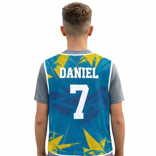 Wanapix | Chasuble Sport Personnalisée | Taille M Adulte (Standard) | Liseré Blanc | Maille Respirante | Chasuble d’Entraînement avec Nom et Numéro | Design Jaune et Bleu