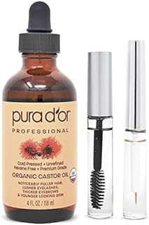 PURA D'OR Organic Castor Oil (4oz + 2 BONUS Pre-Filled Eyelash & Eyebrow Brushes) 100% Pure, Cold Pressed, Hexane Free Growth Serum For Fuller, Thicker Lashes & Brows, Moisturizes & Cleanses Skin