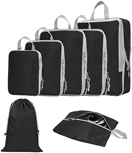 YYDSLEE Compression Packing Cubes for Travel Carry on Suitcase Organizer Bags 7set Expandable Travel bags Organizer for Luggage Compression Bags for Travel Essentials with Shoe Bag/Laundry Bag (Black)
