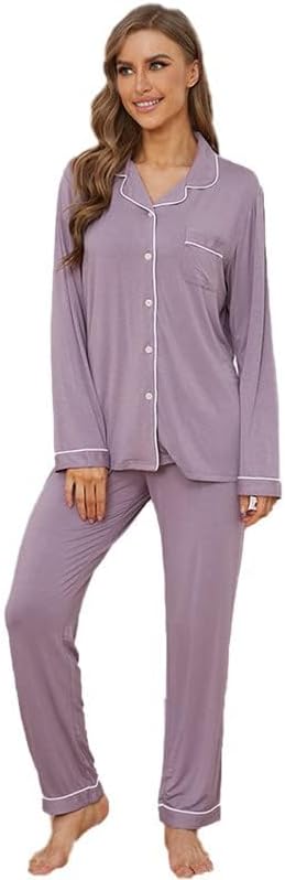 Pijama con botones para mujer, de manga larga, suave, para descansar, tallas XS-XXL