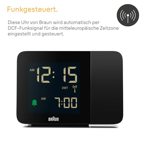 Braun Digitaler Funk-Projektionswecker für die mitteleuropäische Zeitzone (DCF) mit negativem LCD-Display, Schnelleinstellung und Alarm-Piepton in Schwarz, BC15B-DCF.