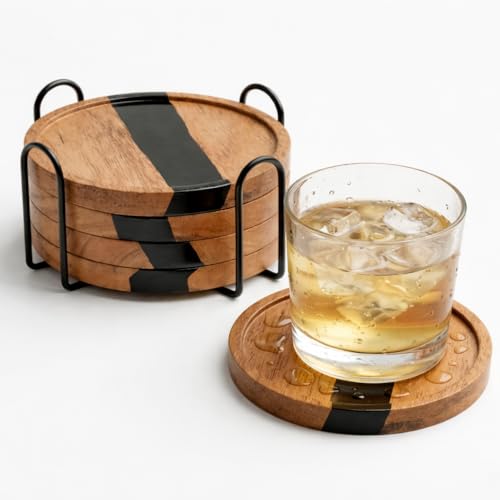 Image of Coaster Set of 4 for Dining Table - Premium Wooden Coasters with Resin Design & Metal Holder - Tea, Coffee & Glass Drink Coasters - Luxury Table Coasters for Office Desk, Kitchen & Home Decor