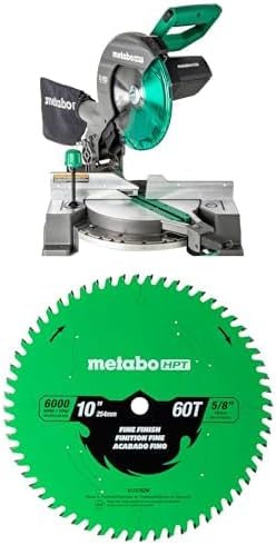 Bundle of Metabo HPT 10-Inch Single Bevel Compound Miter Saw, C10FCG2 + Metabo HPT 10-Inch Miter Saw/Table Saw Blade, Fine Finish, 60-Tooth, 5/8-Inch Arbor, 115762M