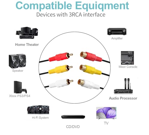RC-A Extension Cable - Gold Plated 3 RC-A Male to 3 RC-A Female Audio Video Extension Cable 3RC-A Male to Female Audio Composite Video DVD CD AV TV (33ft/10m) - Thumbnail 3