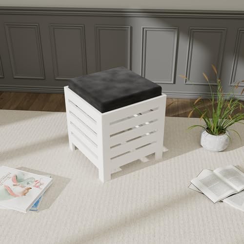 Image of ETIQUETTE ART Cushion Wooden Stool| Foot Stool |Fruit Stool| Square Table| Office Stool| Bedside Table | Cushion Stool | Stool for Kitchen Wooden Stool Cotton Cover (White & Black)