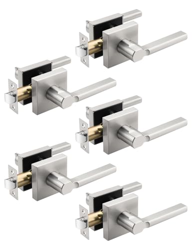 Tinewa 5 Pack Square Brushed Nickel Door Handles Interior, Non-Locking Interior Passage Door Lock Hallway/Closet Door Lever, Heavy Duty Modern Door Handle