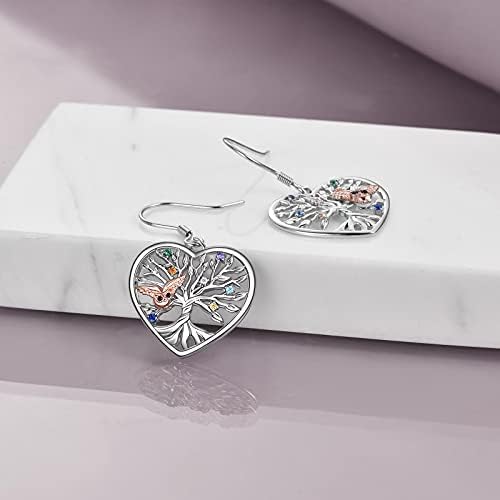 Tree of Life Drop Earrings Owl Heart Shaped Dangle Earrings Hook 925 Sterling Silver Earrings Cubic Zirconia Jewellery Gift for Women Mum Mother Friends Girlfriend