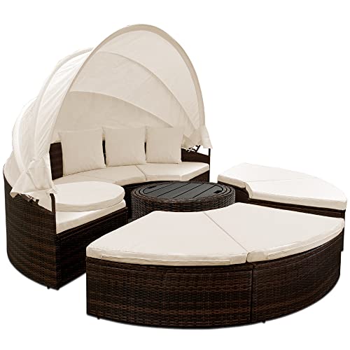 Deuba Bain de Soleil Ø 185cm Brun Ensemble Ovale en polyrotin avec Coussins Pare-Soleil Salon de Jardin Lounge canapé