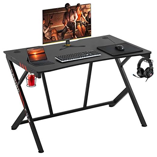 Gaming Desk 45" W x 29" D Home Office Computer Desk Racing Style Study DeskExtra Large Modern Ergonomic PC Carbon Fiber Writing Desk Table with Cup Holder Headphone Hook