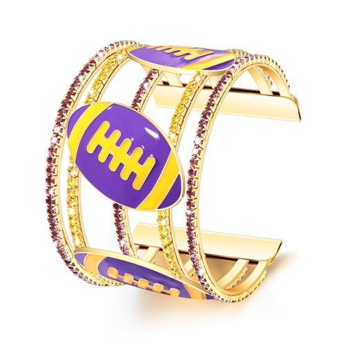 Game Day Bracelets for Women Football Wide Cuff Bracelets Red Yellow Purple Orange Blue Spirit Day Accessories Rhinestone Sport Game Day Cuff Bracelet Bangles Outfits Football Accessories Gifts (Purple Yellow 1)
