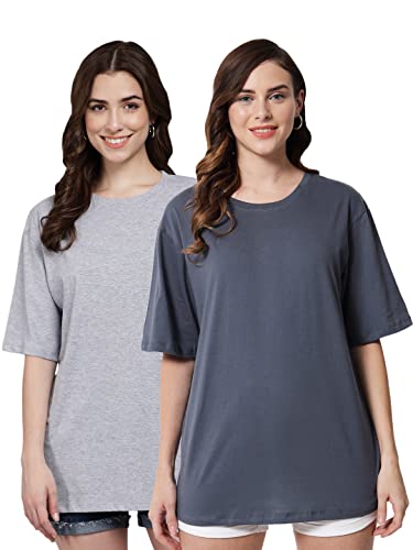 FUNDAY FASHION Cotton Half Sleeve Printed Oversized T-Shirt for Womens/Girls (Pack of 2) (Medium, Grey & Dark Grey)
