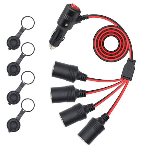 Image of 12V 24V 1 to 4 Car Cigarette Lighter Plug Splitter Adapter with On Off Switch,4 Way Y Cigarette Lighter Socket Power Cord with 15A Fuse(100cm/3.3ft)