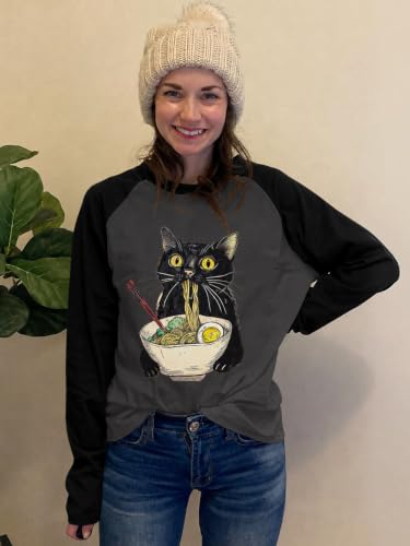 Image of Cat Shirts for Women Loose Fit Lightweight Long Sleeve Animal Tee | Black Cat Shirt for Women Cat Mom Graphic Tee Shirts Cat Shirt Long Sleeve Pullover Tops