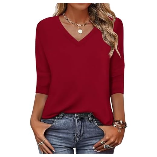 Zeagoo Blusa feminina plus size casual, manga 3/4, caimento solto, gola V, linda cor lisa, comprimento três-quartos, blusa vermelha