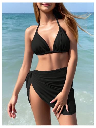 Image of SOLY HUX Girl's Summer Swimsuit Set Floral Halter Triangle Bikini Set with Wrap Skirts Beachwear