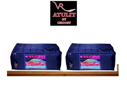 Image of Clothes Storage Bags with Zipper - Pack of 2 | Large Foldable Underbed Storage Bag | Moisture Proof Wardrobe Organiser for Saree Blanket Bedsheet Lehenga | Dustproof Cloth Organiser with Handle Blue