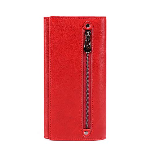 Leather RFID Blocking Women's Trifold Clutch, Card Holder Phone Slot Ticket Book Organizer Zipper Coin Wallet (Red)