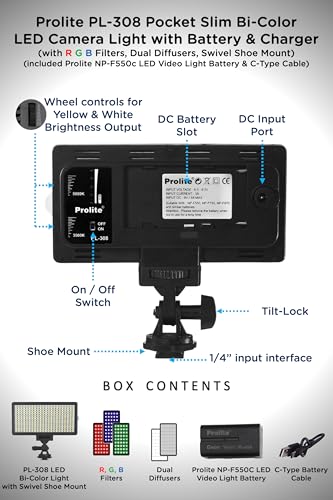 Image of Prolite Bi-Color LED PL-308 Camera Video Light | Slim, Pocket LED | with NP-F550 Battery, C-Type Cable, RGB Filters & Two Diffusers | Used in Wedding Photography, YouTube, TikTok Video Shoot