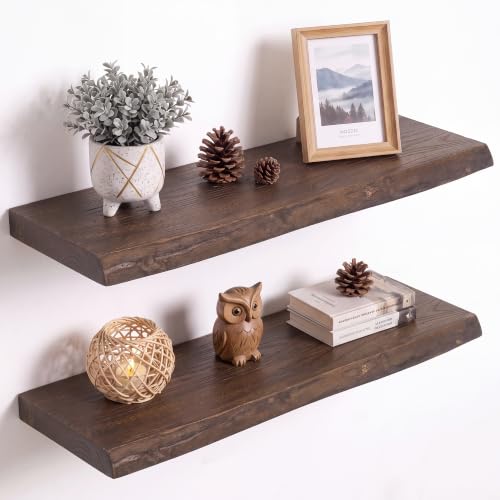 Image of RICHFOCUS Live Edge Elm Floating Shelves - 22 inch W x 9.3 inch D Rustic Solid Wood Wall Shelves with Invisible Bracket, Wall-Mounted for Living Room, Bedroom, Kitchen Storage & Display, Set of 2, Walnut