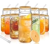 20oz Glass Cups with Lids and Straws - 12Pcs Can Shaped Drinking Glasses Set, Iced Coffee Cup, Beer Glasses Tumbler for Juice, Soda, Smoothie, Boba Tea, Whiskey, Cocktail Include 2 Cleaning Brushes -  Deriibrico