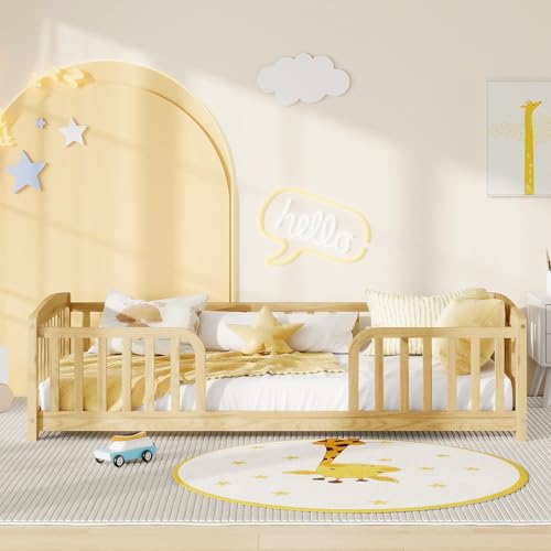 Image of Bellemave Twin Size Montessori Floor Bed Frame with High Fence, Solid Wood Kids Floor Bed with Central Entrance, Low Profile Bed for Boys & Girls, Rounded Corner Design,Natural
