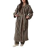 Homgro Women's Fuzzy Fleece Long Robe Striped Long Sleeve Plush Kimono Warm Winter Thick Fluffy Oversized Cozy Pockets Belted Hot Tub Bath SPA V Neck Loungewear Maxi Bathrobe Coffee Medium