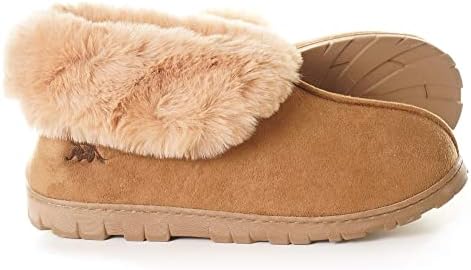 EuropeanSoftest Women's Micro Suede Faux Fur Fleece Lined Cozy 80-D High-Density Memory Foam Slipper Bootie Breathable House Shoes with Non Skid Indoor Outdoor Sole Camel