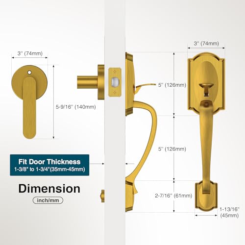 Image of Front Door Handle, Brass Exterior Door Handle with Passage Lever, Vintage Front Entry Door Handle No Lock, Reversible for Left & Right Handed Doors, Lower Half Grip, Antique Brass