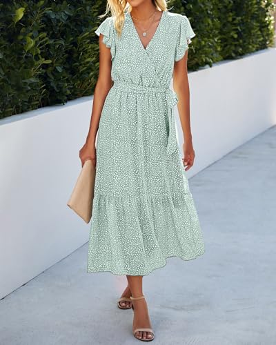 Image of BTFBM Women Summer Bohemian Floral Casual Wrap V Neck Ruffle Cap Sleeveless Belt A-Line Pleated Hem Midi Sun Dress White