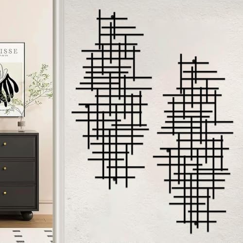 ShxTrade 2Pcs Abstract Geometric Line Metal Wall Decor, Minimalist Black Abstract Line Wall Art Sculpture, 19.6in×8.7in Modern Hollow Line Wall Hanging Decor for Living Room Bedroom Office Farmhouse Home Wall Ornament