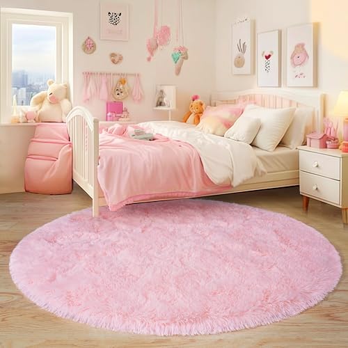 6‘x6’ Round Pink Rugs for Girls Bedroom, Ultra Soft Fluffy Circle Rug for Kids Room, Cute Shag Rugs for Living Room Playroom Tent Castle Home Decor Rug