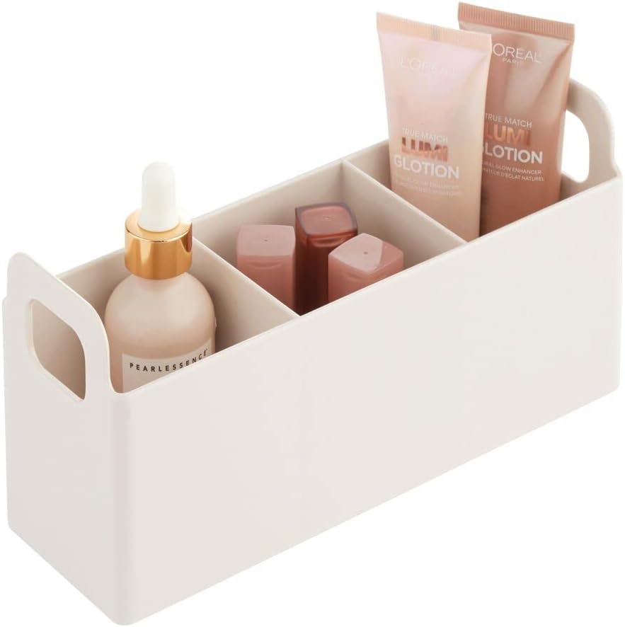 mDesign Small Plastic Bathroom Vanity, Cabinet, Countertop Cosmetic Organizer Storage Station Makeup Holder - Holds Eyeshadow Palettes, Nail Polish, Makeup, Blenders, Lip Gloss - Cream