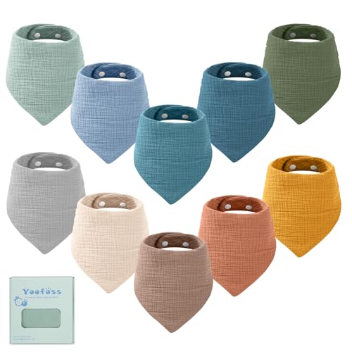 Image of Yoofoss Muslin Baby Bibs 10 Pack 100% Organic Cotton 6-Layer Soft Absorbent Drool Bandana Baby Bibs for Drooling and Teething for Boys and Girls, Beige & Blue