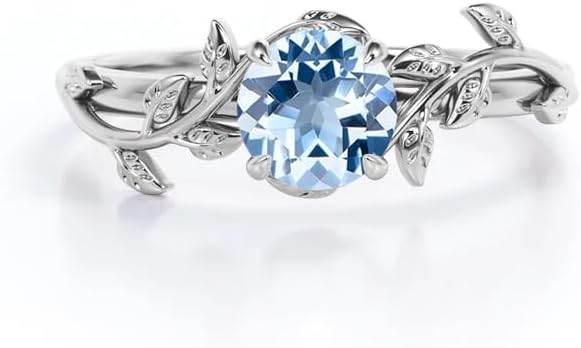 925 Sterling Silver Solitaire Flower Design 1 Carat Round Cut Vivid Ocean Blue Aquamarine Minimalist Engagement & Birthday Ring For Her