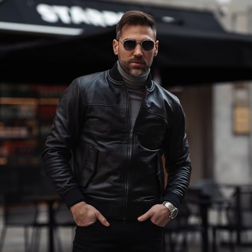 Image of TLC Varsity Bomber Jacket Men | Ribbed Style Sleek Black Leather Bomber Jacket Men
