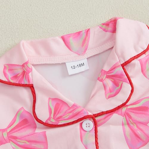 Toddler Girl Valentines Satin Pajamas Heart&Bow Print Button Down Shirt + Pants Little Kids Baby Girls Silk Pajama3