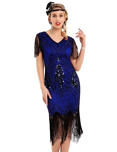 PrettyGuide Women's 1920s Dress Art Deco Cocktail Dress Short Sleeve XXL Black Blue