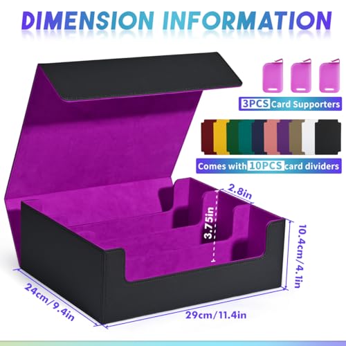Card Storage Box for Trading Cards, 1800+ PU Leather Commander Card Deck Case, Magnetic Closure Holder Fits for Magic Game (Black&Purple)