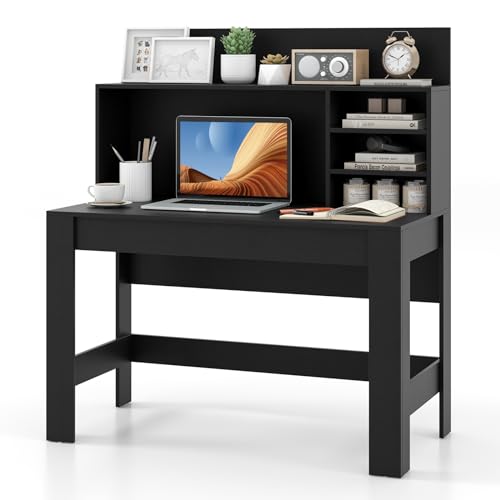 Tangkula Computer Desk with Hutch, Home Office Desk with Bookshelf, Writing Study Desk with Anti-Toppling Device & Cable Hole, Modern Computer Workstation PC Laptop Desk for Small Space (Black)