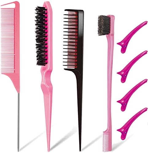 8 Pieces Hair Styling Comb Hair Brush Set, Nylon Teasing Hair Brush Rat Tail Comb with Duckbill Clips, Double Sided Edge Brush for Edge & Back Brushing, Combing, Slicking Hair for Women Girls (Pink&Black-8pcs)