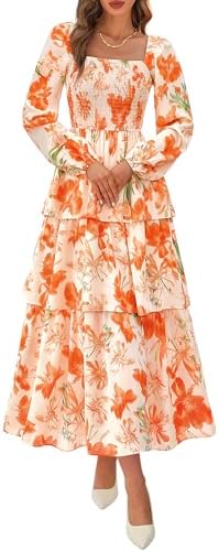 BTFBM Fall Dresses for Women 2025 Floral Long Sleeve Smocked Square Neck Casual Ruffle Tiered Flowy Wedding Guest Dress