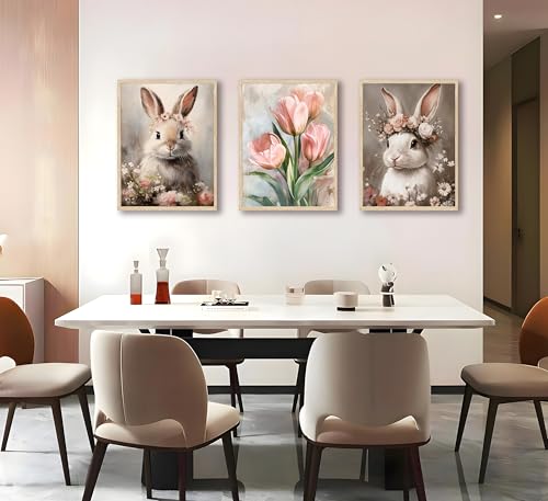 Image of FJKLRP 3pcs Pink Bunny Canvas Prints Wall Art 12x16 inches Unframed