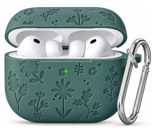 Image of Emoh Roced Case for Airpods Pro 3,Silicone Flower Engraved Cases Compatible with Apple AirPods Pro 3rd Generation 2025, Shockproof, Anti-Scratch, Protective Case Cover (Dark Green, for AirPods pro 3)
