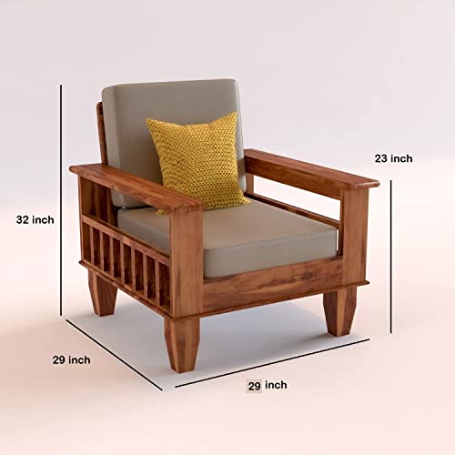 Image of Mamta Furniture Wooden Solid Sheesham Wood 1 Seater Sofa Set with Cushions (1 Seater Sofa, Teak, Beige)