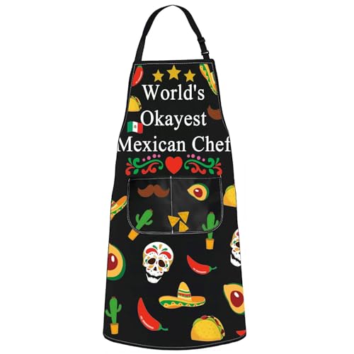 MYSOMY Mexican Chef Apron Mexican Kitchen Apron Mexican Boss Chef Gift Mexican Floral Aprons EL Jefe Apron Mexican Aprons With Pockets (World's Okayest Mexican Chef Apron)
