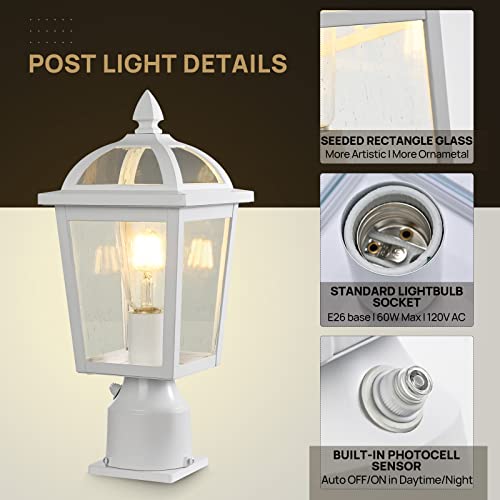 Moonlok Dusk To Dawn Outdoor Post Light, White Waterproof Pole Lantern Light Fixture, Seeded Glass Exterior Lamp Post Light For Yard, Garden, Fence, Pathway #TOP2