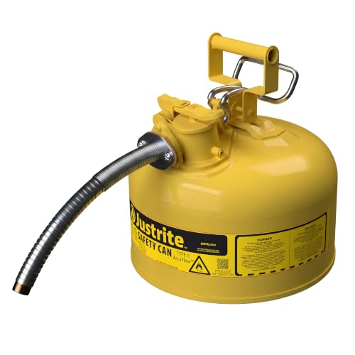 Image of Justrite Type II Diesel Fuel Can, Yellow Galvanized Steel, FM Approved | Flammable Liquid Storage Can with Controlled Pouring, 2.5 Gallon Capacity, 5 /8 inch Hose, Flame Arrester, OSHA,NFPA Compliant