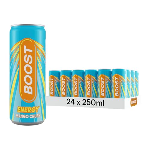Boost Energy Drink Mango Flavour - 24 Pack Drinks with Caffeine, Taurine and Vitamin B | Carbonated Energy Drinks | Gluten Free Vegan Low Calorie Fizzy Drinks Multipack | 24x250ml option