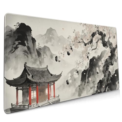 Image of Watercolor Painting Japanese Mouse Pad 35.4x15.7 XXL Red Black Grey Cherry Blossoms Extended Large Mousepad Keyboard Mouse Mat Desk Pad with Non-Slip Rubber Base Stitched Edges for Home Office Game